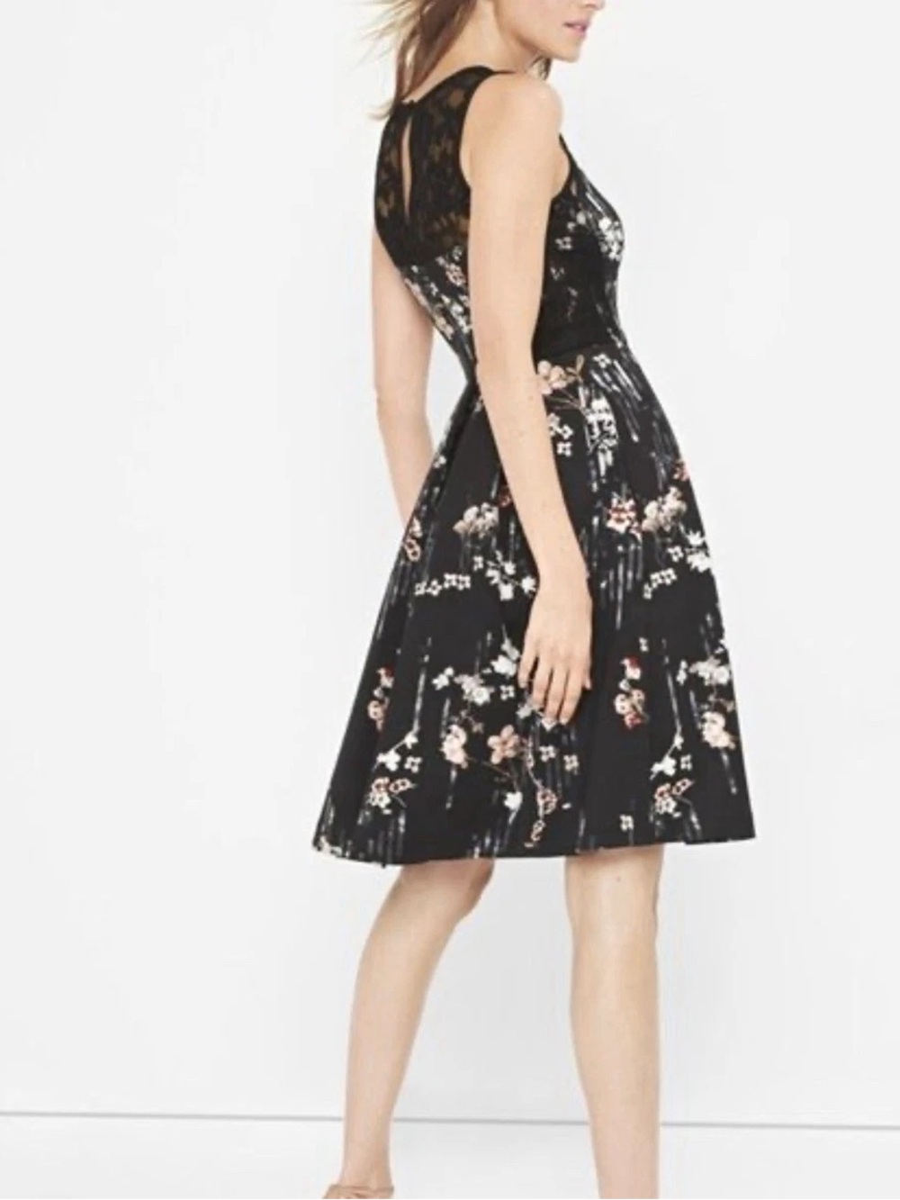 White House Black Market Black Floral Lace-Top Midi Dress